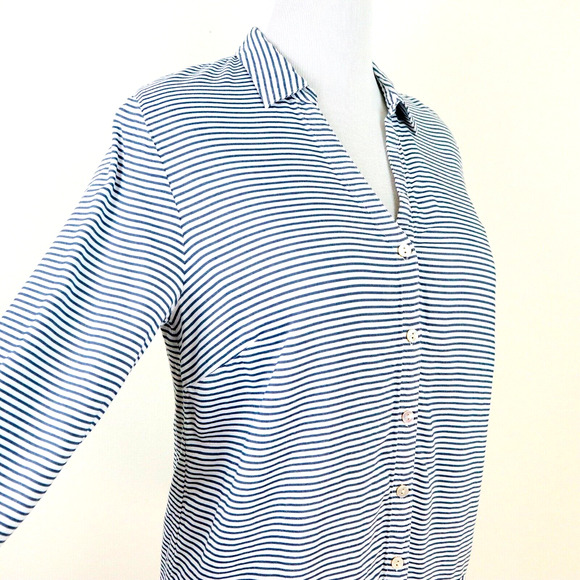 J Jill Size L Woven Rayon Button Down Shirt Contrast Stripe Blue White - Picture 6 of 9